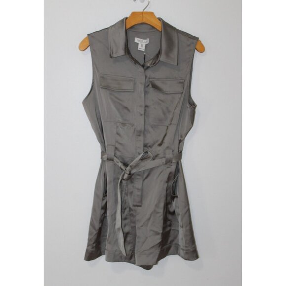 Rachel Zoe Pants - Rachel Zoe Satin Grey Green Sleeveless Button Front Belted Romper 10 NWT